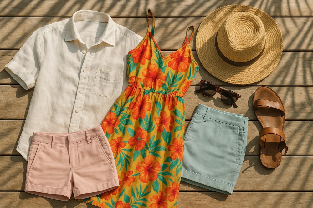 Flat lay of tropical cruise wear: white linen shirt, floral rayon sundress, pastel cotton-linen shorts, straw hat, tortoiseshell sunglasses, and leather sandals on teak deck with palm shadows, showcasing breezy fabrics perfect for warm, humid climates.