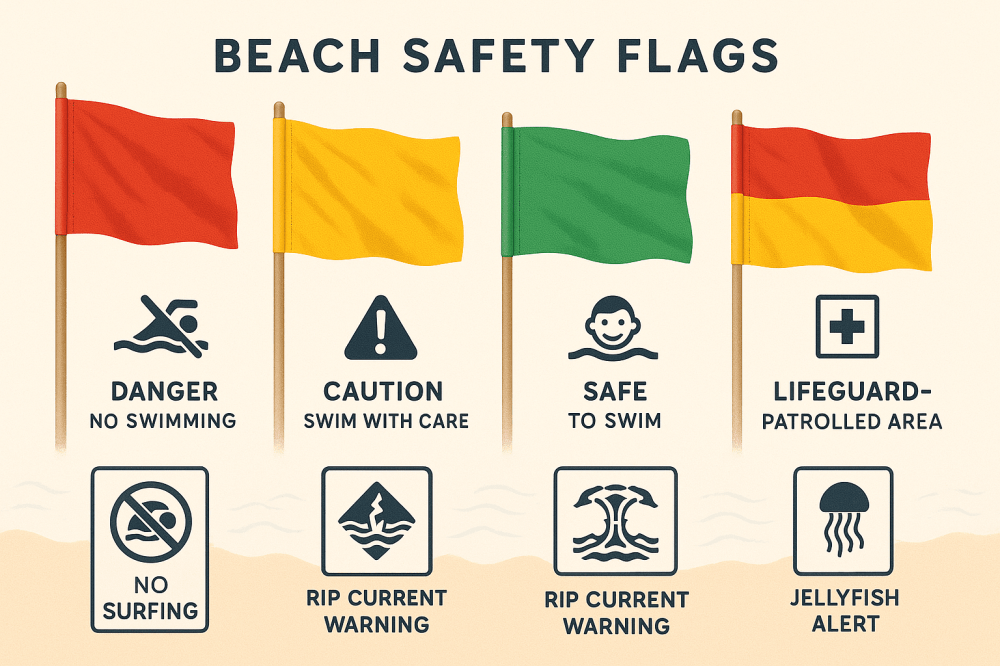 Educational poster displaying red, yellow, green, and red-over-yellow safety flags with icons explaining each meaning, alongside clear vector signs for no surfing, rip current warning, and jellyfish alert, set against a sandy, ocean-themed background for accessible beach safety education