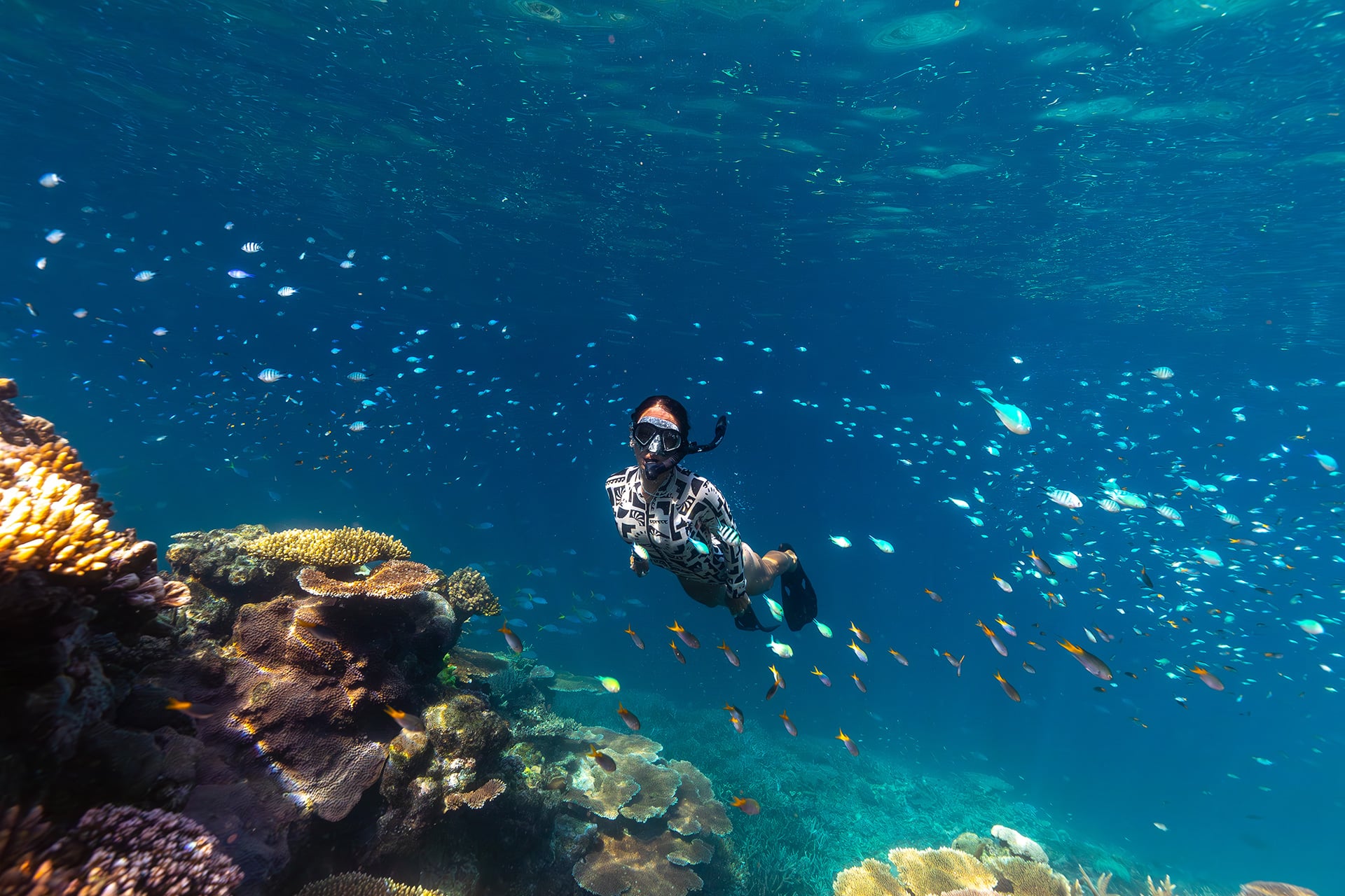 A snorkeller floats above a vivid coral reef teeming with colourful fish, illuminated by dappled sunlight in clear turquoise water. Intricate branching corals in orange and purple are visible, with bubbles, sandy seabed, and a blue gradient suggesting ocean depth.
