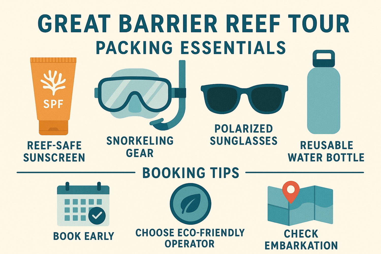 Infographic displaying must-pack items for a Great Barrier Reef tour, including reef-safe sunscreen, snorkeling gear, sunglasses, reusable bottle, plus booking tips like early reservations and eco-operator selection. Organized in a flat, ocean-themed minimalist design.